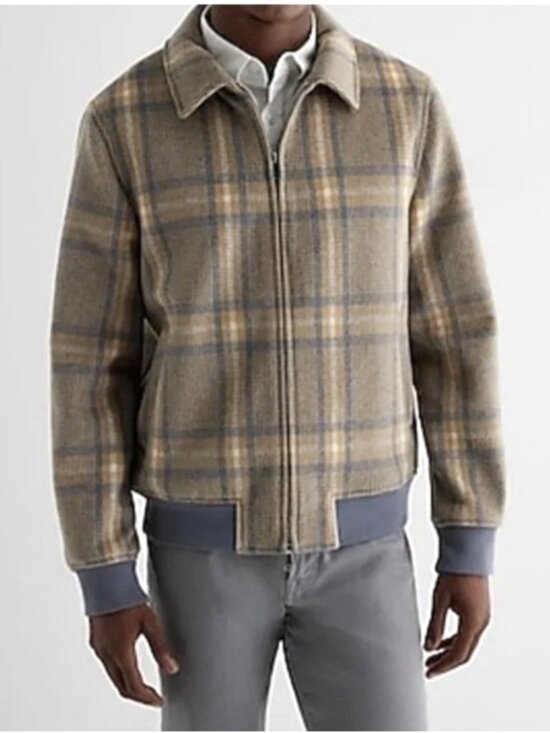 Express Other - Express Men's Sz Medium Beige & Gray Plaid Bomber Jacket Water Resistant
